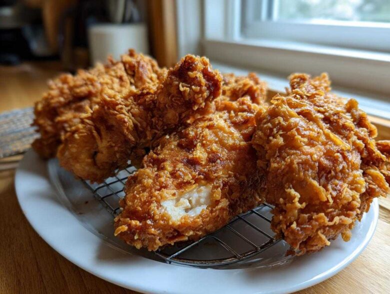 Close-up of several pieces of perfectly crispy, golden brown fried chicken resting on a wire rack over a white plate.