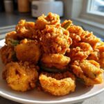 A generous serving of golden brown, crispy fried okra piled high on a white plate, catching bright sunlight.
