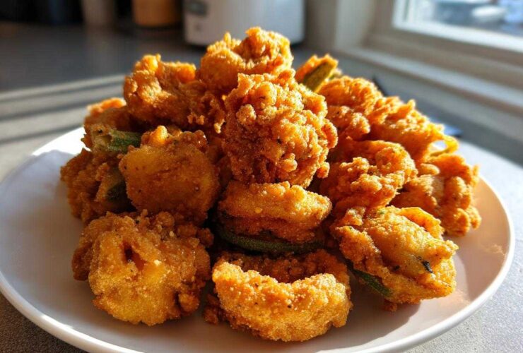A generous serving of golden brown, crispy fried okra piled high on a white plate, catching bright sunlight.