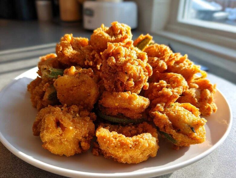 A generous serving of golden brown, crispy fried okra piled high on a white plate, catching bright sunlight.