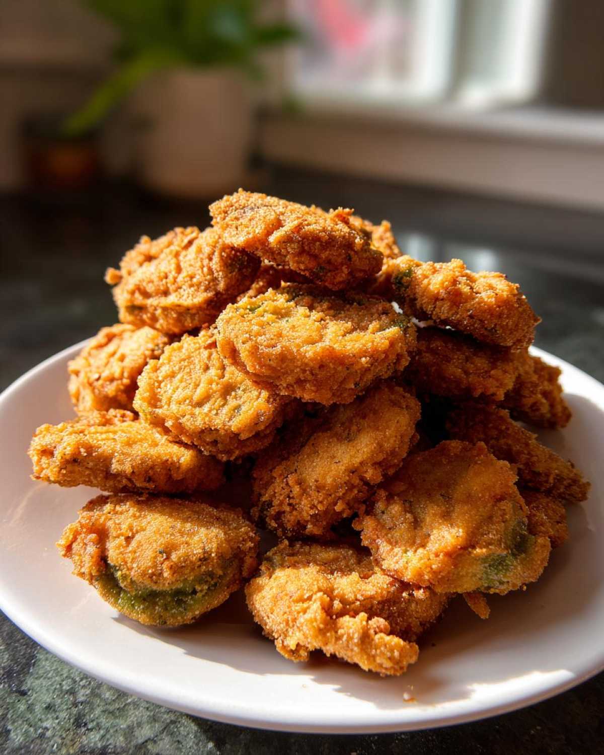 A tall mound of golden brown, crispy fried okra slices piled high on a white plate.