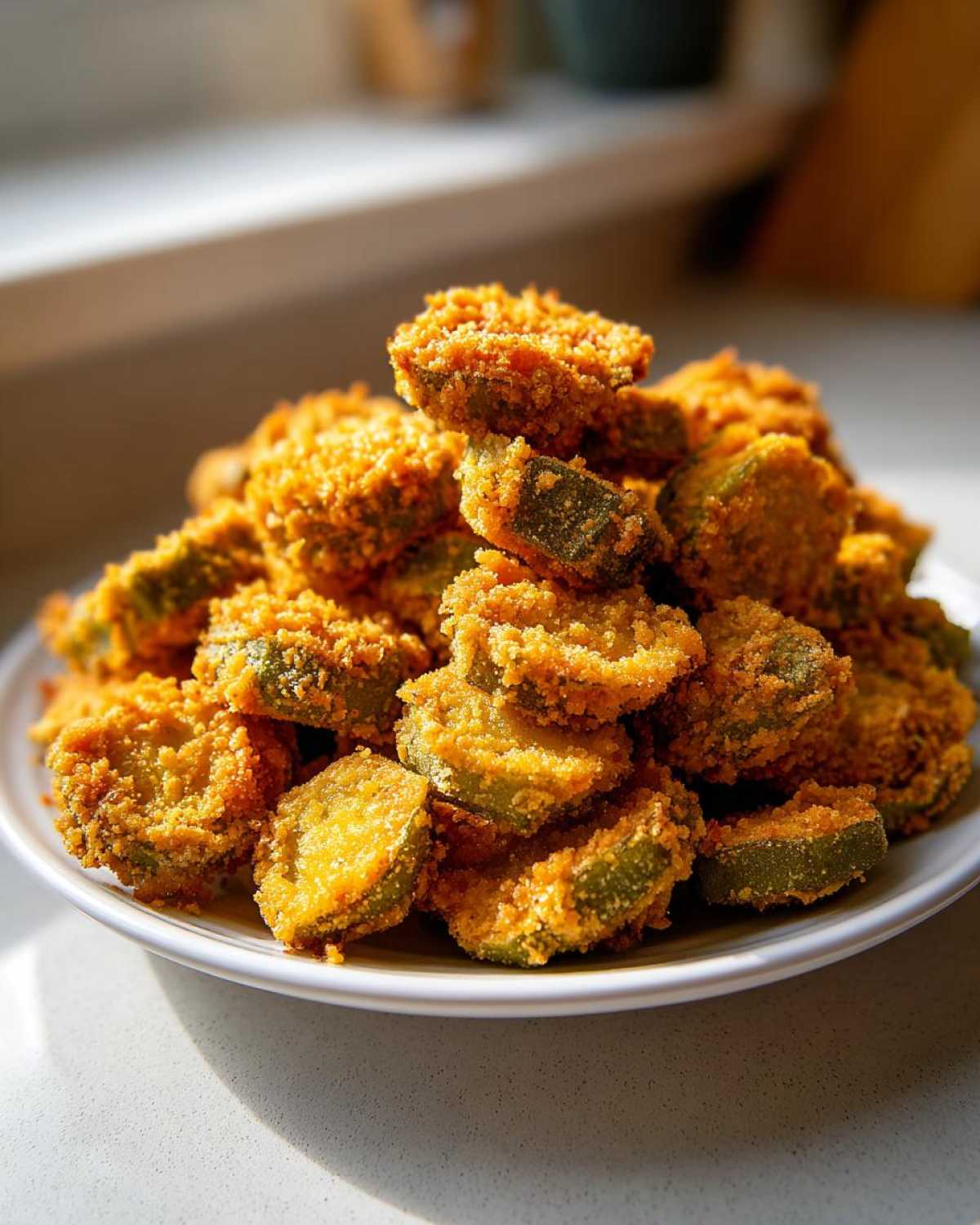 A tall pile of perfectly golden brown, crispy fried okra slices stacked high on a white plate.