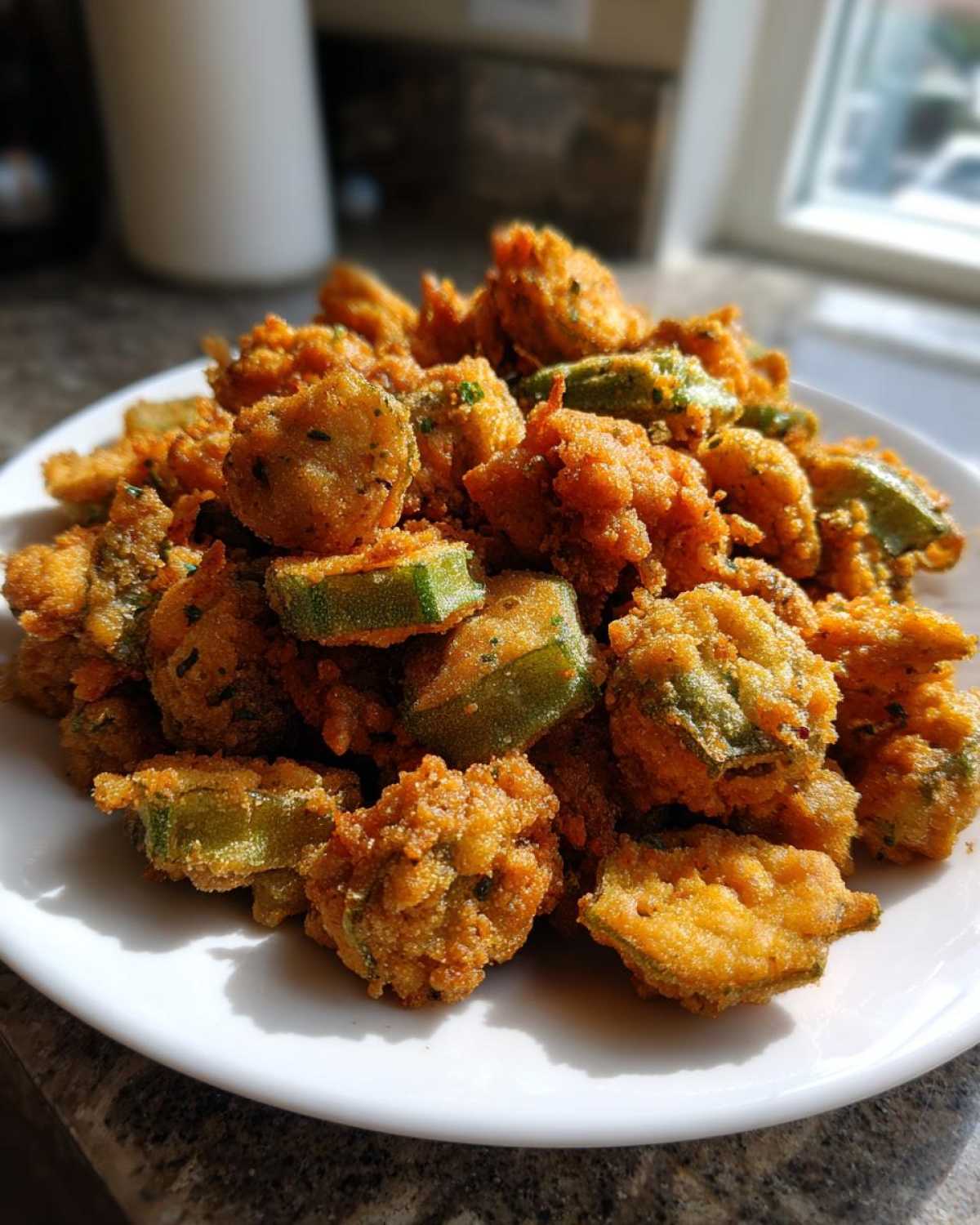 A generous pile of golden brown, crispy fried okra pieces served on a white plate, highlighting the crunchy coating.