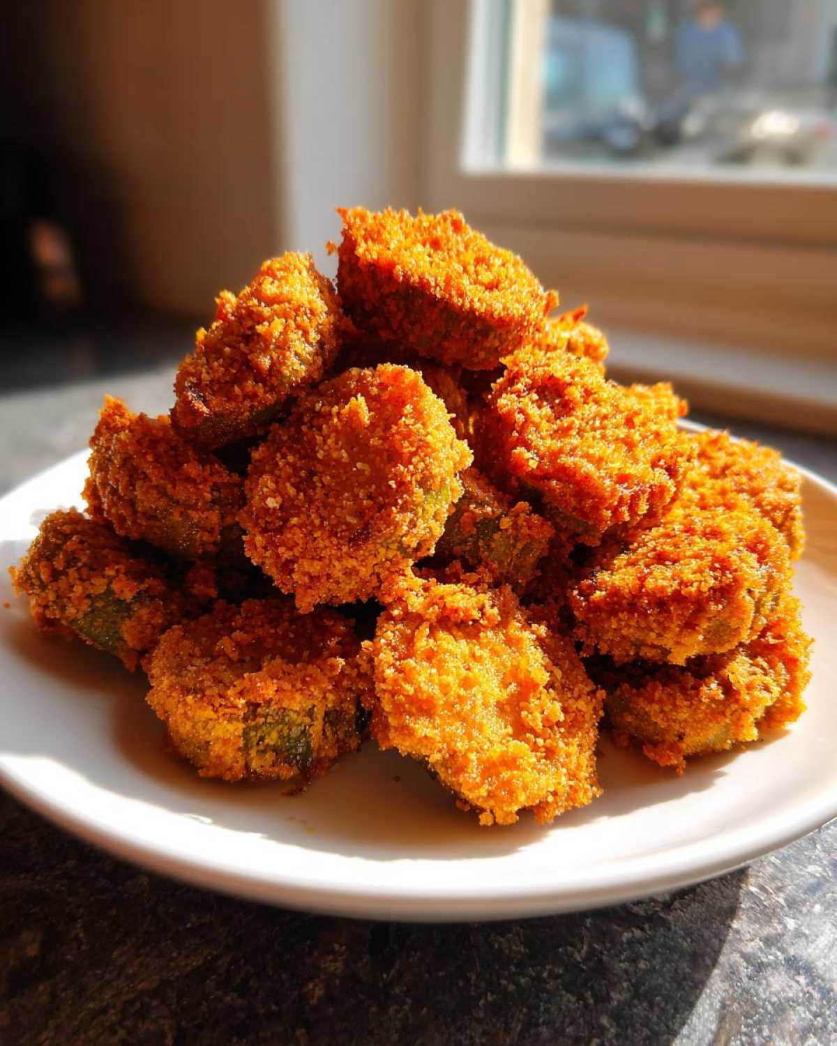 A generous pile of golden brown, crispy fried okra slices served on a white plate.
