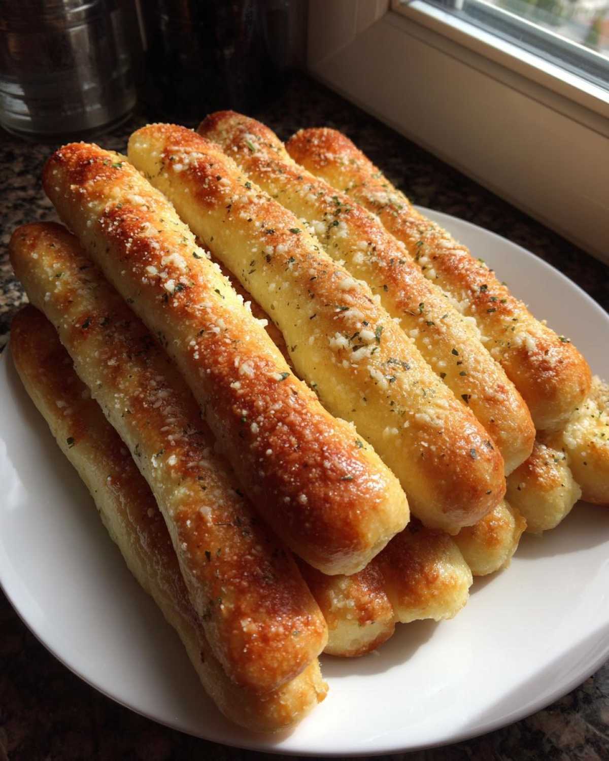 A stack of golden brown, freshly baked breadsticks topped with melted cheese and herbs on a white plate.