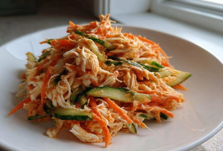 A close-up of a vibrant kani salad featuring shredded crab, julienned carrots, and sliced cucumbers, served on a white plate.