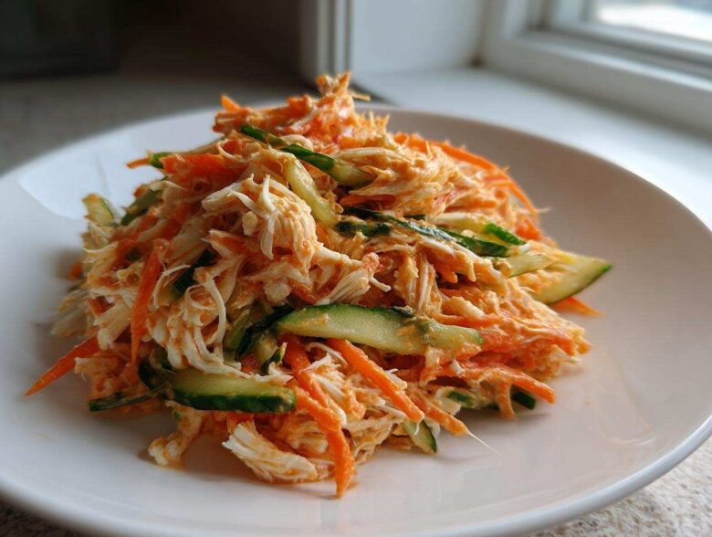 A close-up of a vibrant kani salad featuring shredded crab, julienned carrots, and sliced cucumbers, served on a white plate.