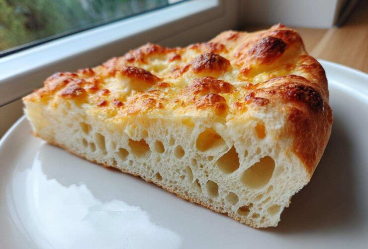 Close-up of a thick slice showing the airy crumb structure of the amazing keto pizza crust with a golden, cheesy top.