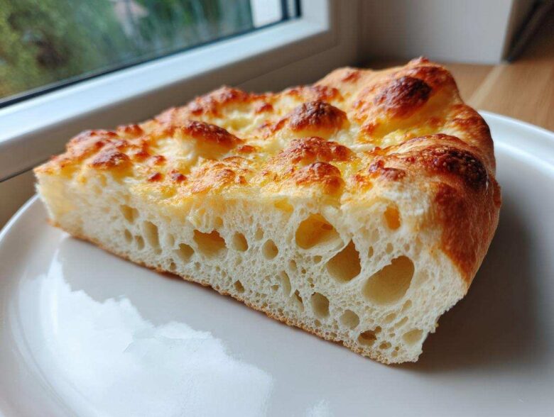Close-up of a thick slice showing the airy crumb structure of the amazing keto pizza crust with a golden, cheesy top.