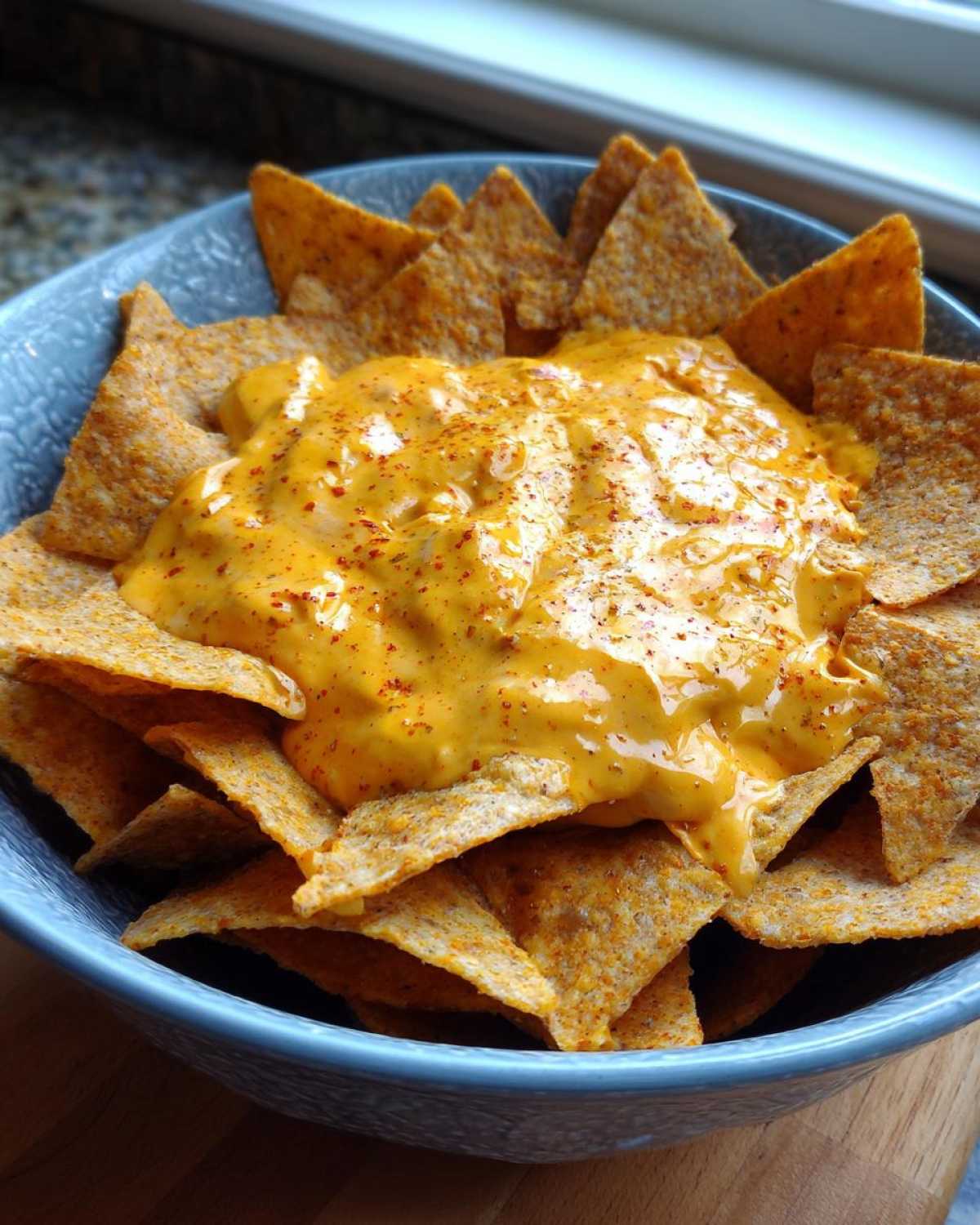 A close-up of a blue bowl filled with tortilla chips surrounding a generous serving of bright orange nacho cheese dip.