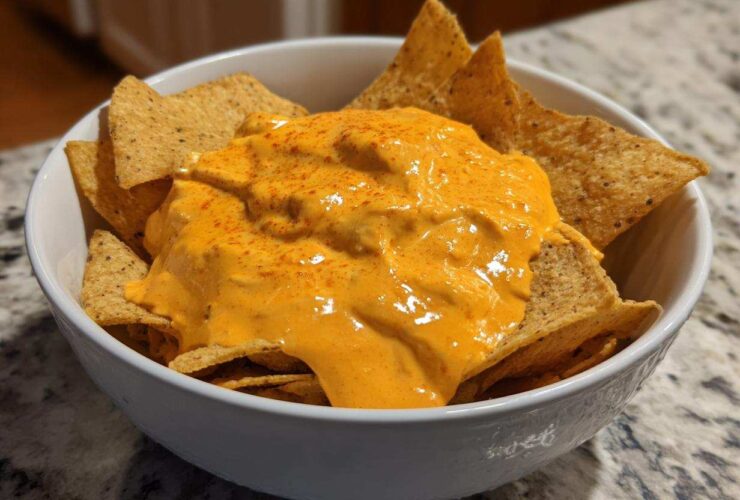 A white bowl filled with tortilla chips topped generously with creamy, orange nacho cheese dip.