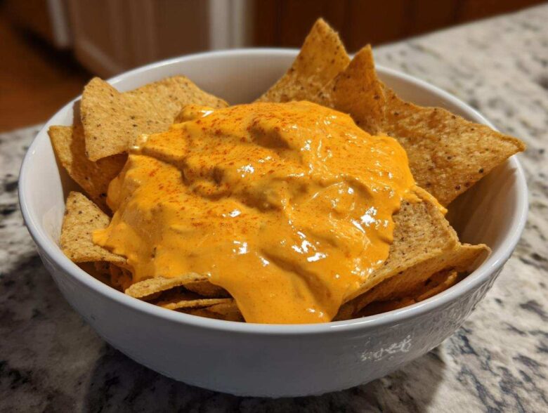A white bowl filled with tortilla chips topped generously with creamy, orange nacho cheese dip.