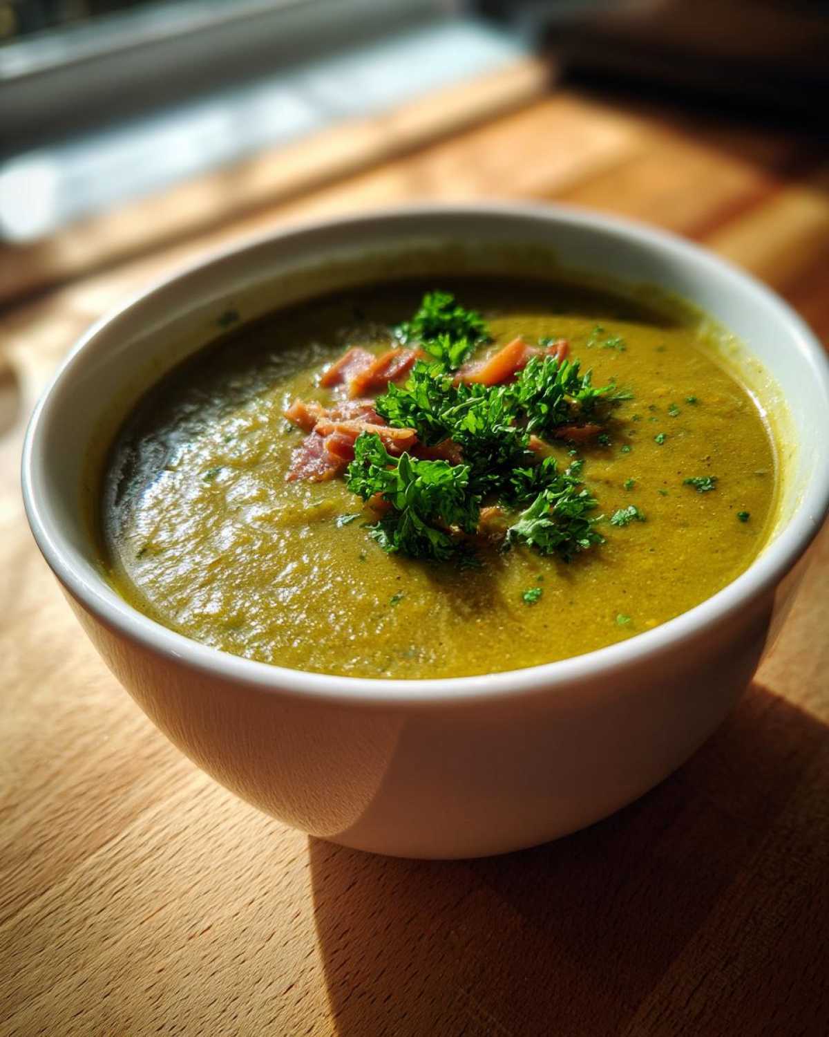 Close-up of a thick, green pea soup topped with crispy bacon bits and fresh parsley in a white bowl.