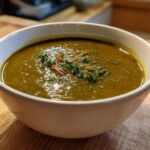 A close-up of a white bowl filled with thick, green pea soup, garnished with herbs and shredded meat.