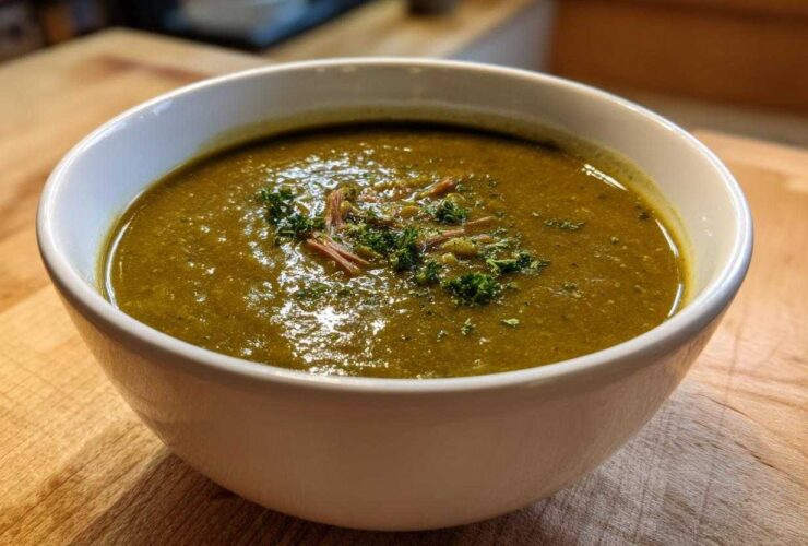 A close-up of a white bowl filled with thick, green pea soup, garnished with herbs and shredded meat.