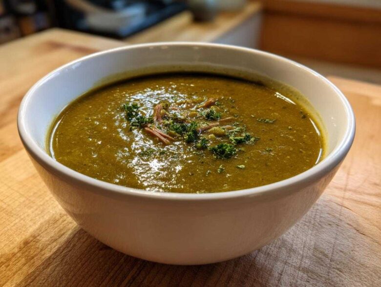 A close-up of a white bowl filled with thick, green pea soup, garnished with herbs and shredded meat.