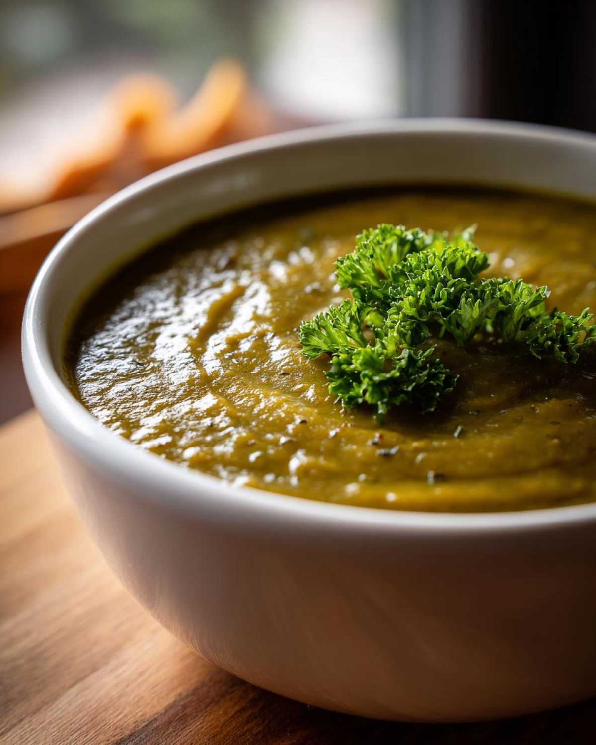 Close-up of thick, vibrant green pea soup garnished with fresh parsley in a white bowl.