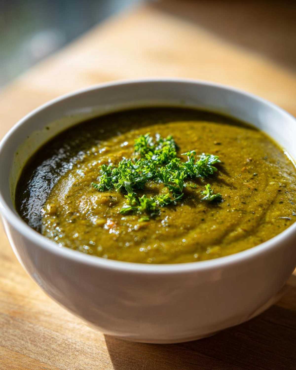Close-up of a thick, rich green pea soup garnished with fresh chopped parsley in a white bowl.