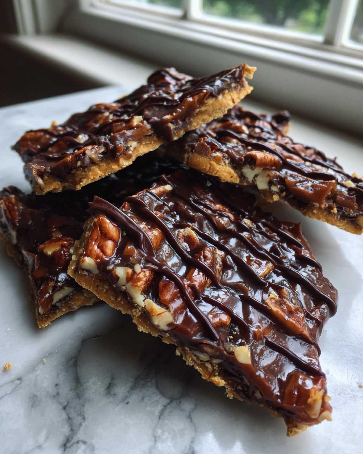 Stack of rich, chocolate-drizzled Pecan Pie Bark pieces resting on a white marble surface.