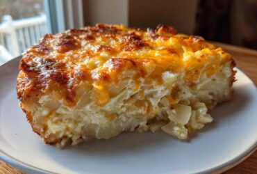 A close-up of a thick slice of creamy potato casserole with a golden, bubbly, cheesy crust.