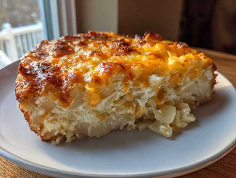 A close-up of a thick slice of creamy potato casserole with a golden, bubbly, cheesy crust.