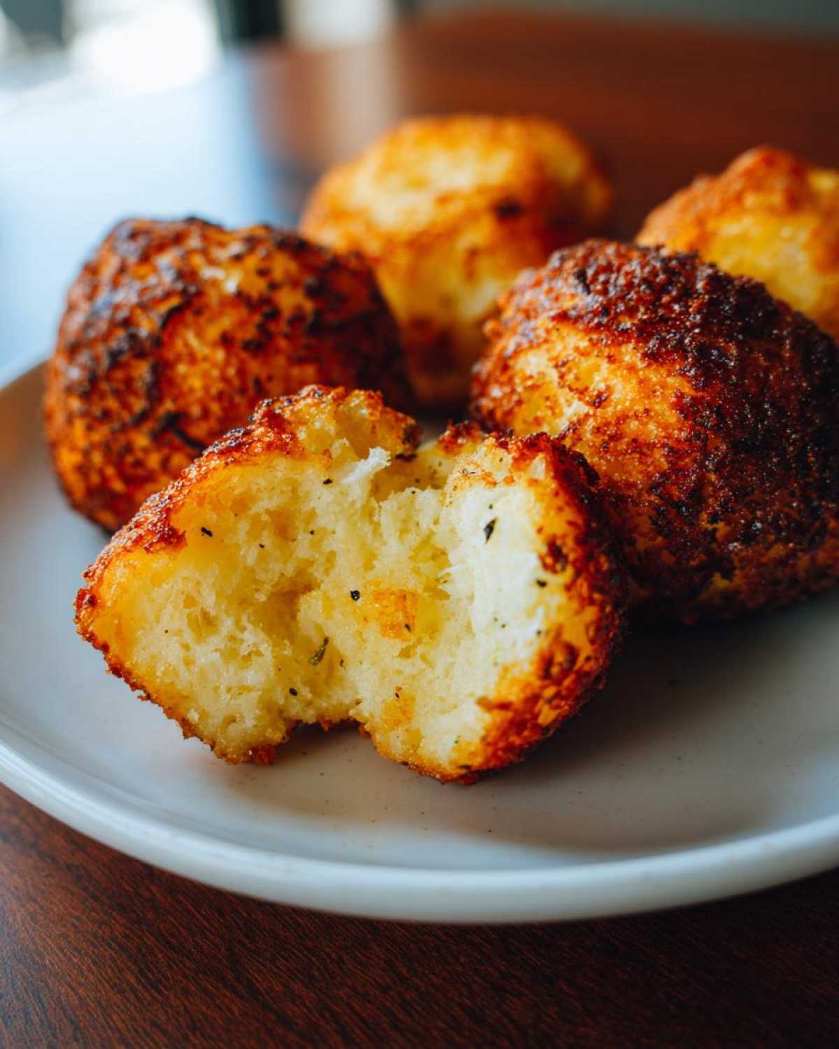 Close-up of perfectly crispy roast potatoes, one broken open showing the fluffy interior.
