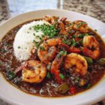 A rich bowl of shrimp etouffee served next to white rice, topped with fresh green onions.