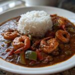 A close-up of a bowl of rich, dark shrimp etouffee served with a mound of white rice.