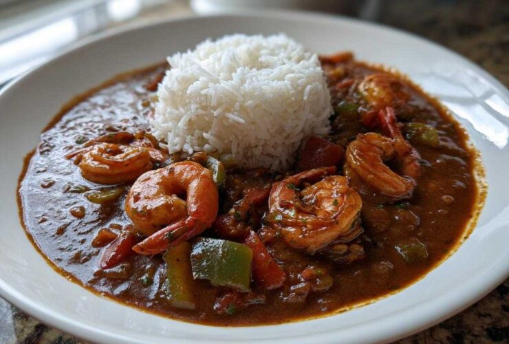 A close-up of a bowl of rich, dark shrimp etouffee served with a mound of white rice.