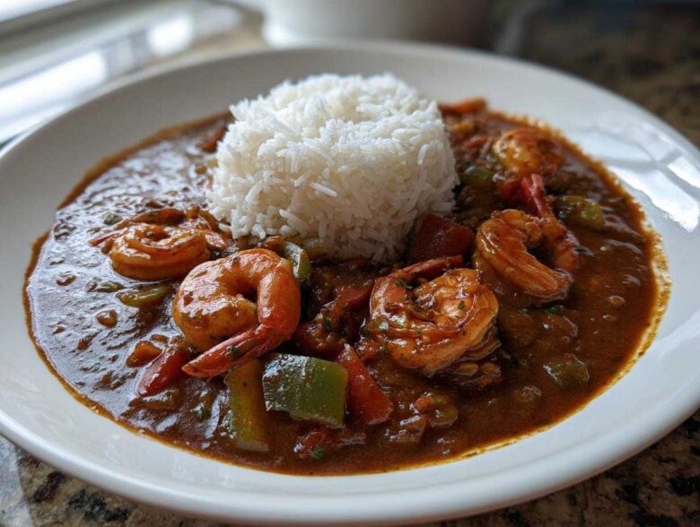 A close-up of a bowl of rich, dark shrimp etouffee served with a mound of white rice.
