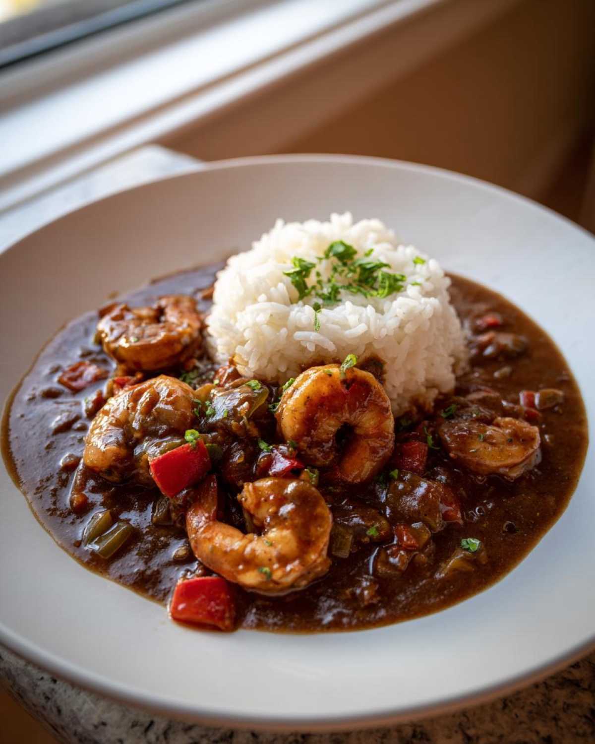 A bowl of rich, dark roux shrimp etouffee served alongside a mound of white rice, garnished with parsley.