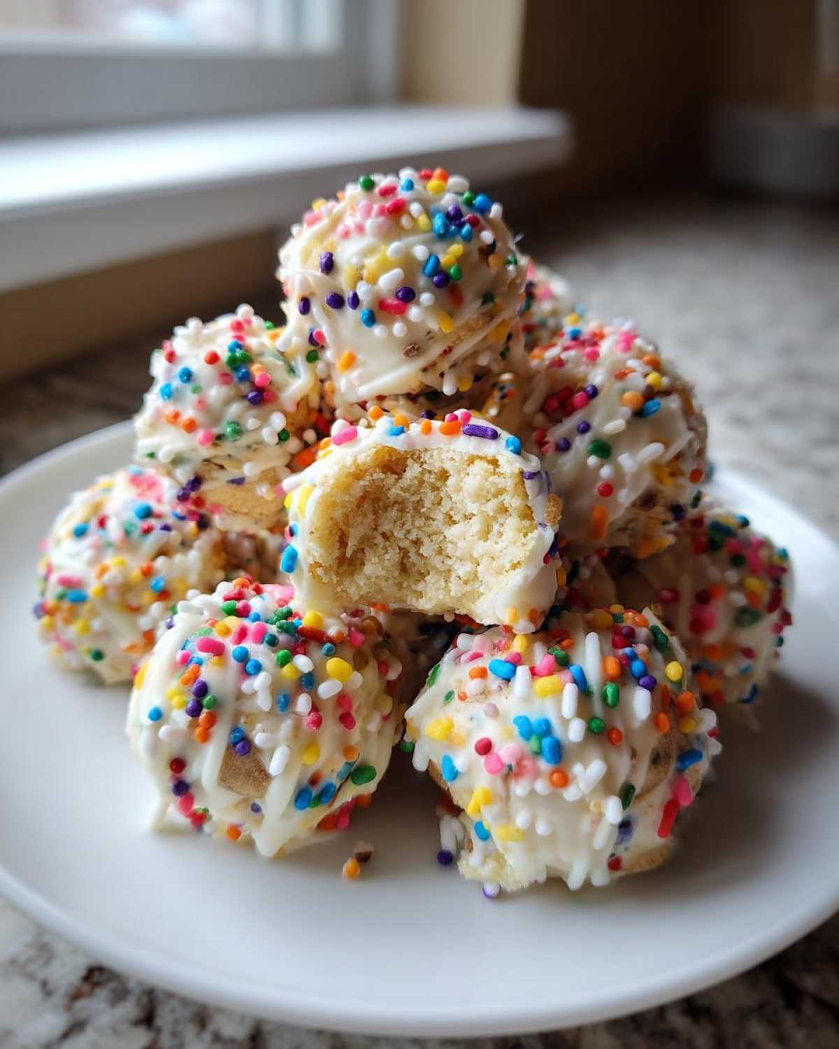 A stack of homemade sugar cookie truffles dipped in white chocolate and covered in rainbow sprinkles, with one bitten open.