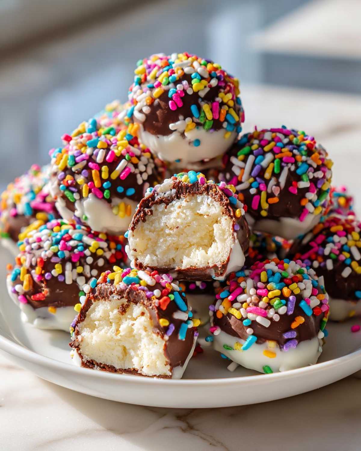 A pile of chocolate-dipped sugar cookie truffles covered in rainbow sprinkles, one is cut in half.