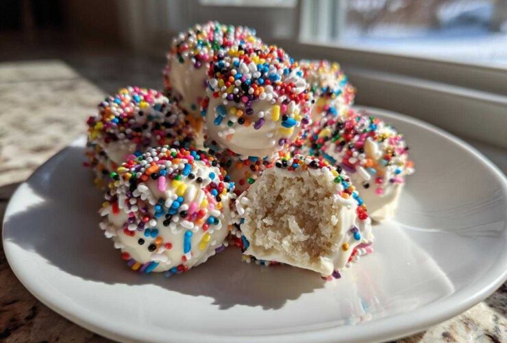 A pile of white chocolate coated sugar cookie truffles covered in rainbow sprinkles, one is broken open.