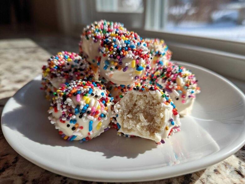 A pile of white chocolate coated sugar cookie truffles covered in rainbow sprinkles, one is broken open.