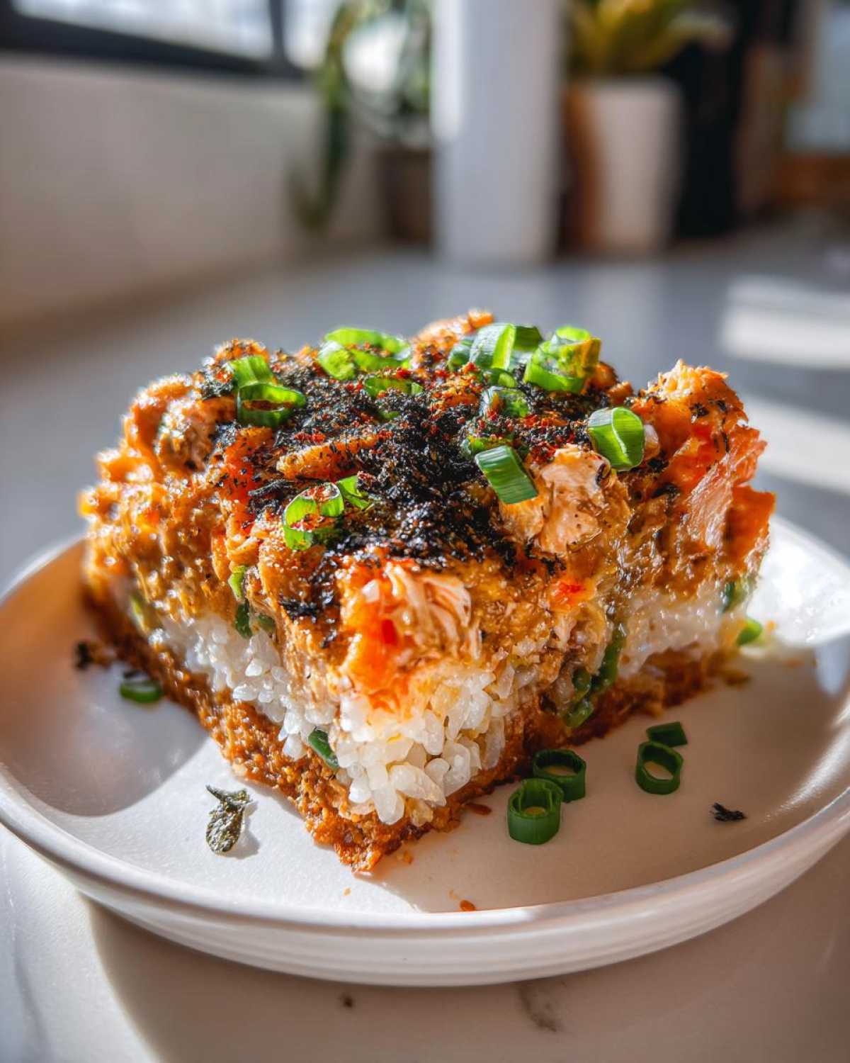 A close-up of a square slice of amazing sushi bake showing layers of rice and creamy topping, garnished with green onions.