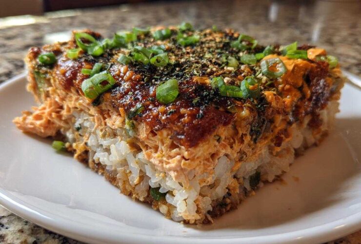 A close-up, featured shot of a square slice of amazing sushi bake on a white plate.