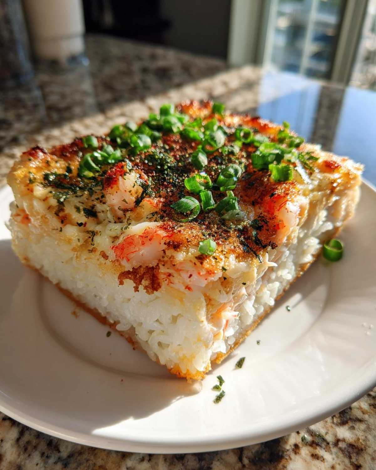 A square slice of baked rice casserole, or sushi bake, topped with creamy shrimp mixture, furikake, and fresh green onions.
