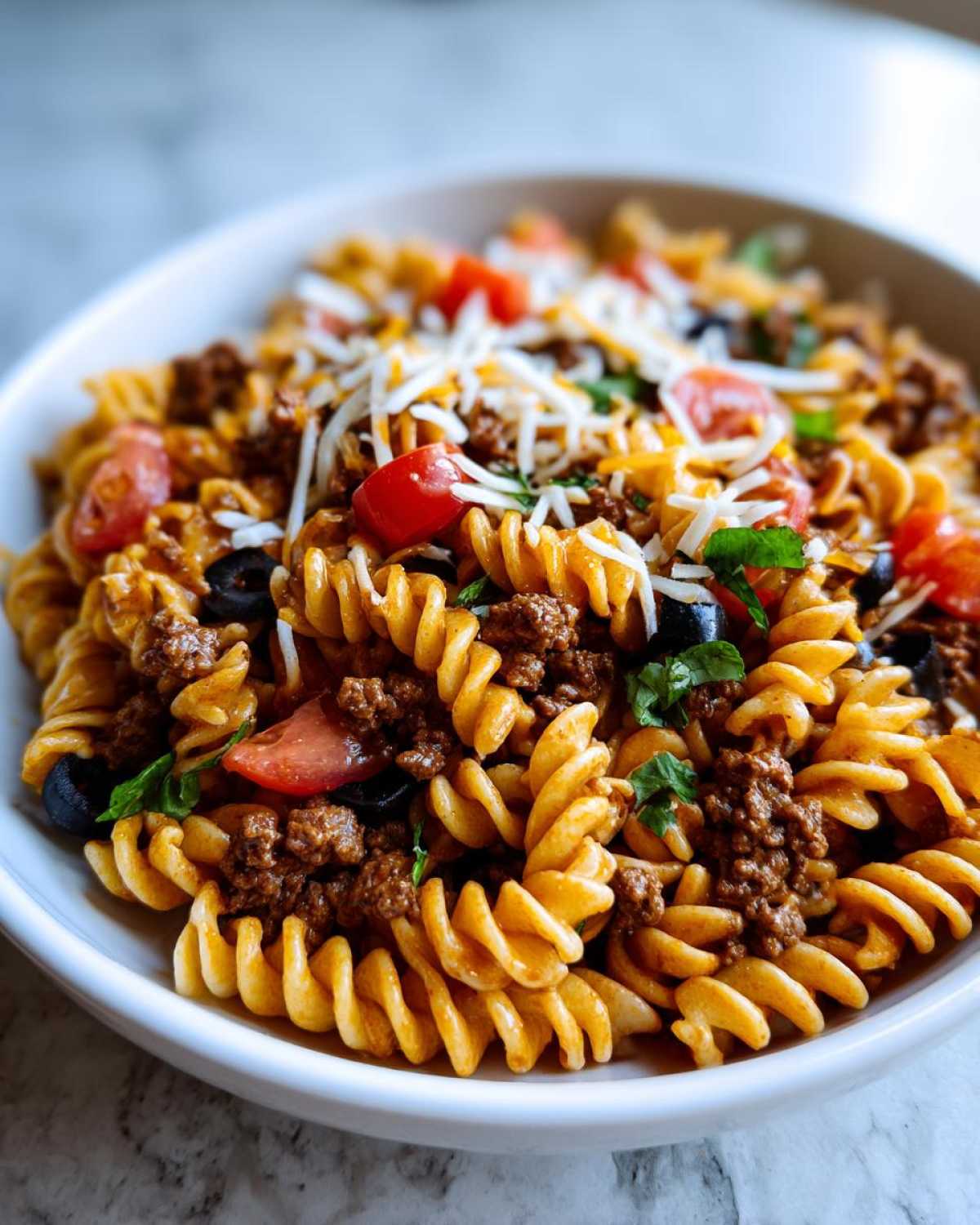 Close-up of a white bowl filled with amazing taco pasta salad featuring rotini pasta, seasoned ground beef, tomatoes, olives, and shredded cheese.