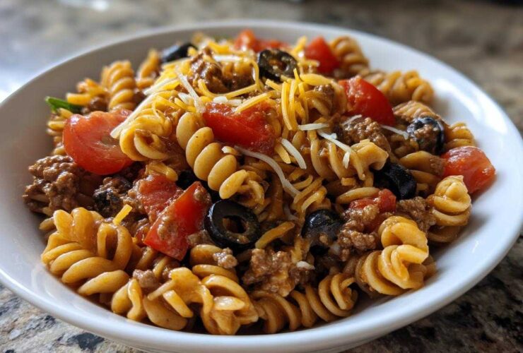 A close-up view of a white bowl filled with amazing taco pasta salad featuring rotini pasta, ground meat, tomatoes, olives, and cheese.