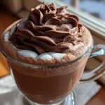 Close-up of amazing whipped hot chocolate topped with a swirl of chocolate cream, next to a window.