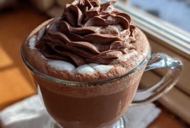 Close-up of amazing whipped hot chocolate topped with a swirl of chocolate cream, next to a window.