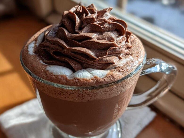 Close-up of amazing whipped hot chocolate topped with a swirl of chocolate cream, next to a window.