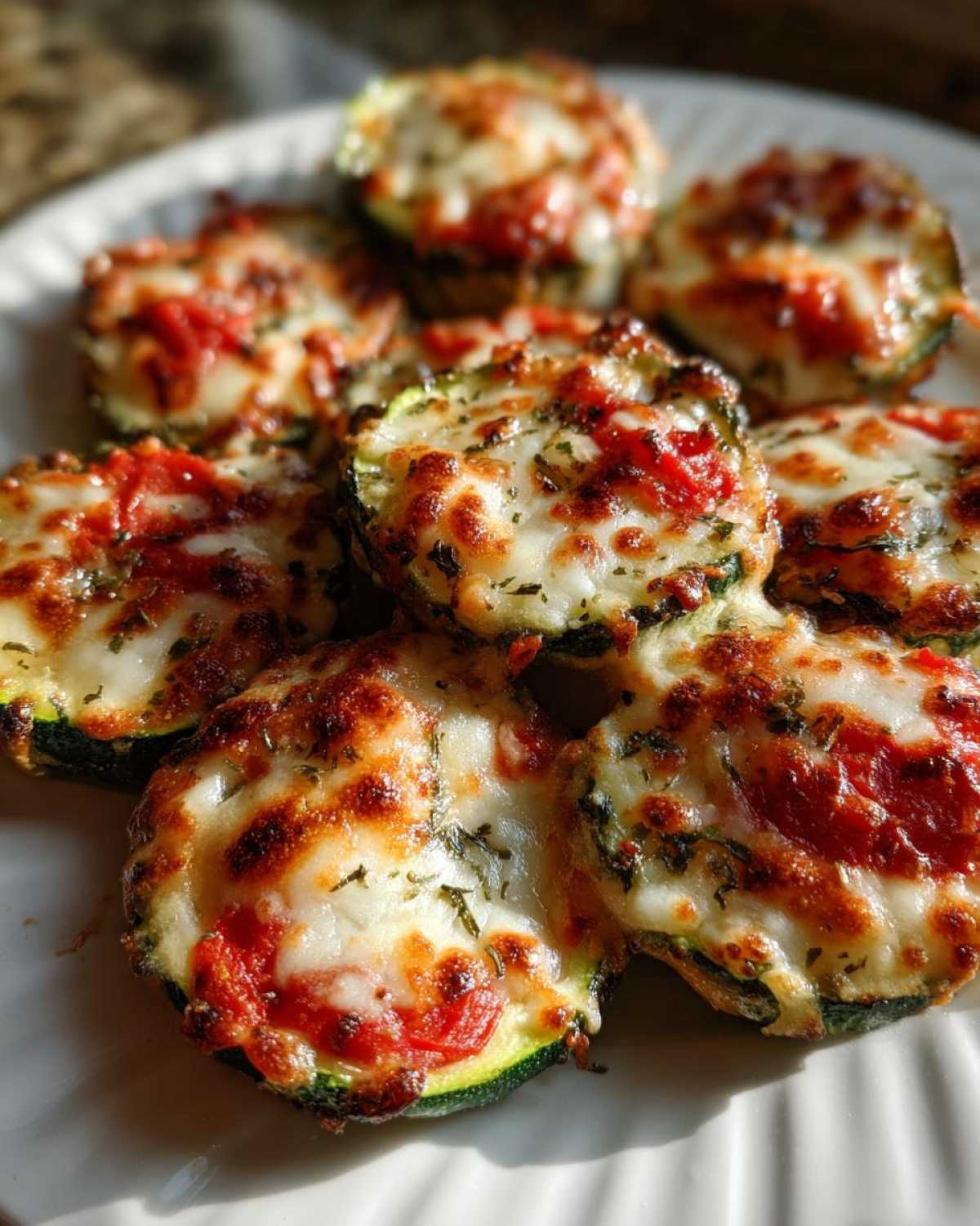 A plate of freshly baked zucchini pizza bites topped with melted, browned mozzarella cheese and herbs.