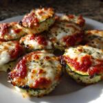 A close-up of several baked zucchini pizza bites topped with melted mozzarella and marinara sauce.