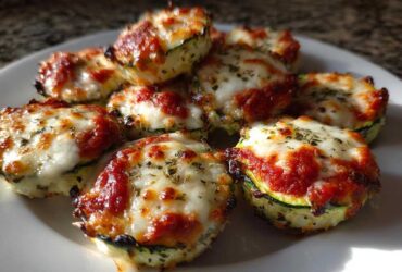 A close-up of several baked zucchini pizza bites topped with melted mozzarella and marinara sauce.