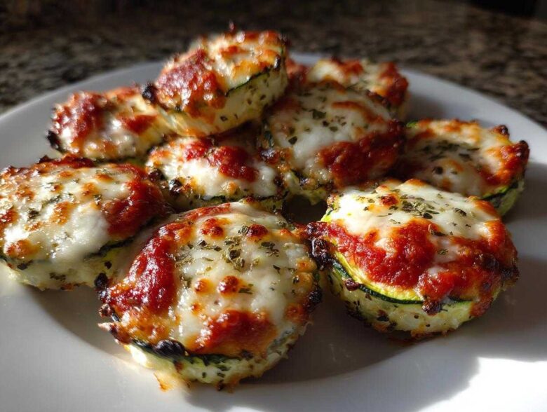 A close-up of several baked zucchini pizza bites topped with melted mozzarella and marinara sauce.