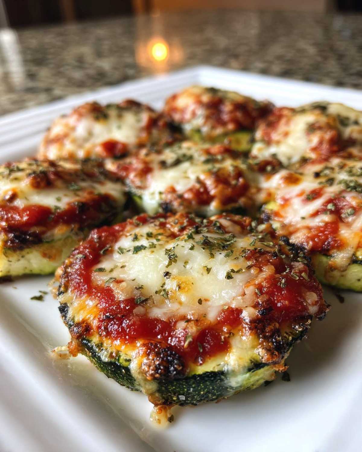 Close-up of several baked zucchini pizza bites topped with melted mozzarella, marinara sauce, and dried herbs.