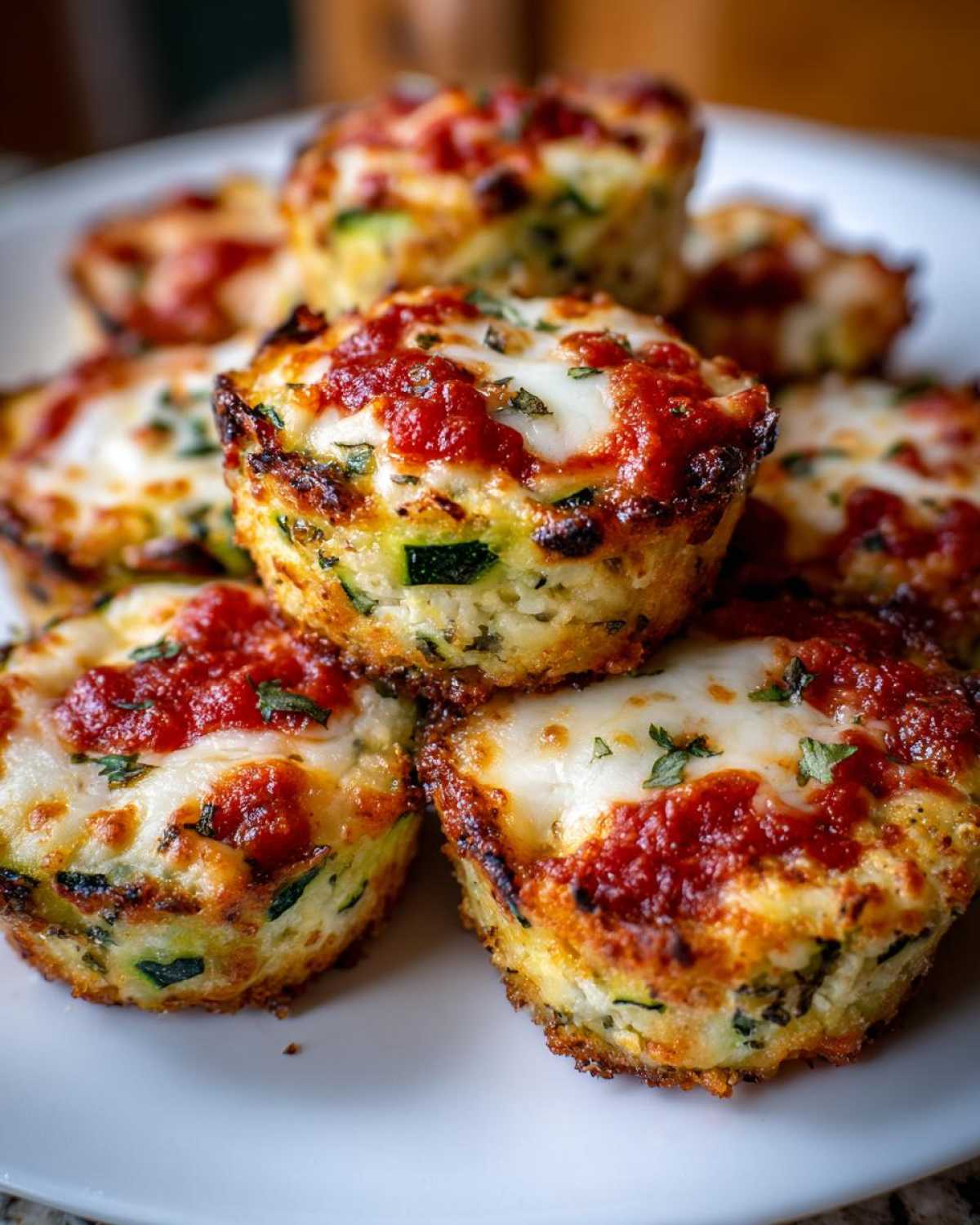 Close-up of several baked zucchini pizza bites topped with marinara sauce and melted mozzarella cheese.