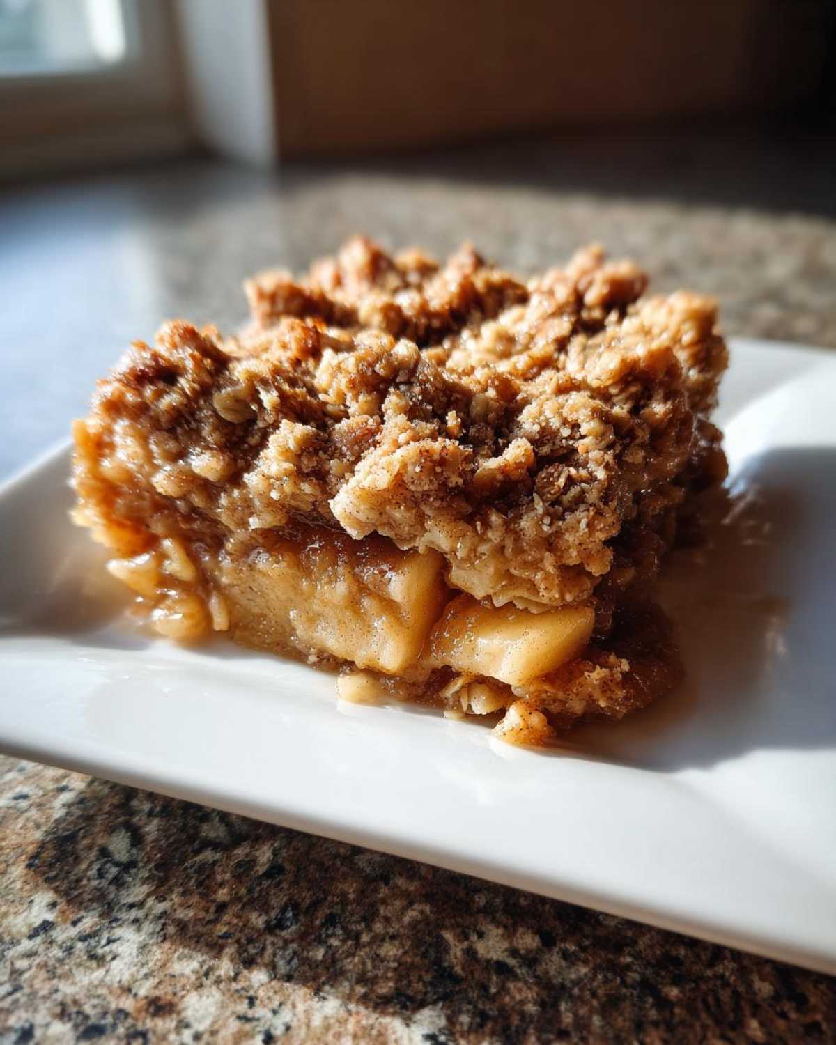 A close-up of a square serving of apple crisp recipe with a thick, crunchy oat topping and soft baked apples.